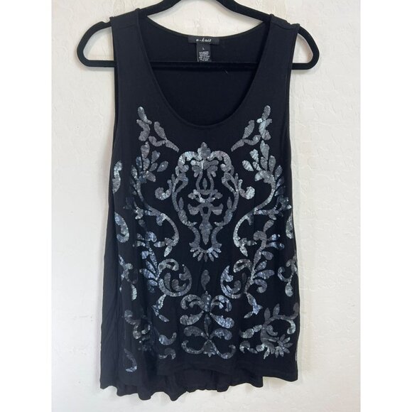 u-knit Tunic Tank Sequin Embellished Tank Top Women L Black Silver Sequins Stret - Picture 2 of 6